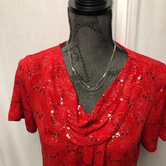 White Stag Top Womens Size Medium 8-10 Red Silver Stretch Cowl Neck Festive - Picture 2 of 7